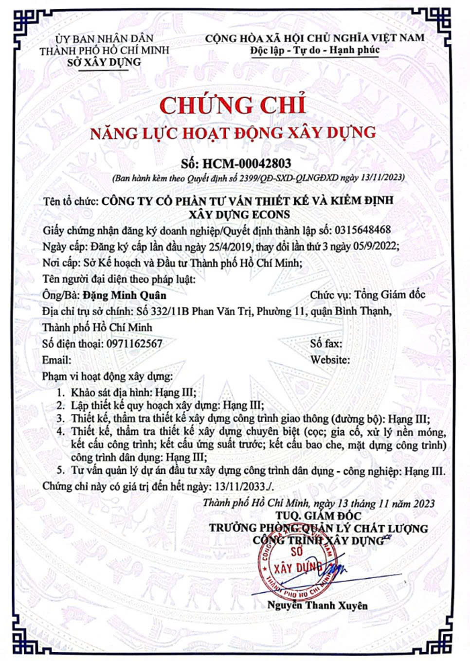 Chứng chỉ năng lực Tư vấn kiểm định Econs